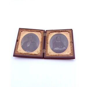 Antique Double Ambrotype Photos in Union Case 1/6 Plate Victorian Husband Wife